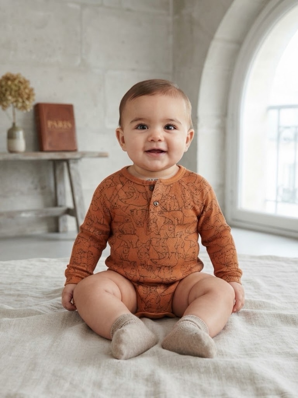 Old Navy Brown Bear Textured Cotton Long Sleeve Bodysuit